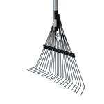 Detailed shot of the adjustable rake head and evenly spaced metal tines of an Expert Gardener leaf rake
