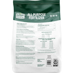 Back of Expert Gardener fertilizer bag showing directions, guaranteed analysis and product labeling on a white and green package