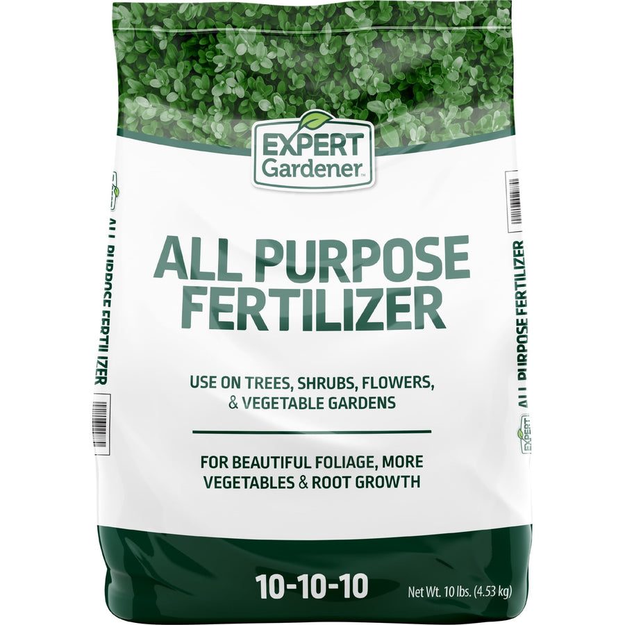 White and green Expert Gardener bag labeled “All Purpose Fertilizer” with 10-10-10 analysis and foliage graphic at top