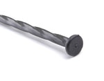 Close-up of the head and twisted shaft of a black nylon anchor spike on a white background.