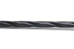 Detail shot of the twisted shaft of a black nylon garden anchor spike against a white background.