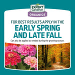 Label panel stating 'For best results apply in the early spring and late fall' with floral and fall photos