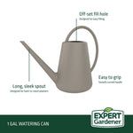Expert Gardener birch grey watering can with labeled callouts highlighting off-set fill hole and long spout