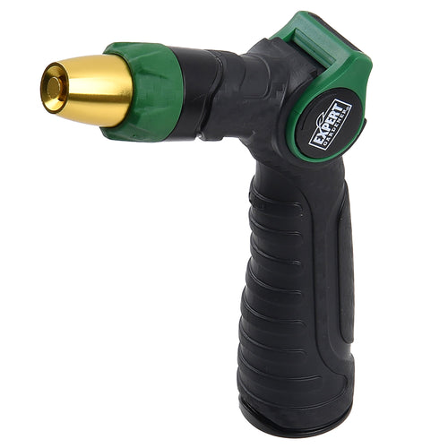 Black and green Expert Gardener adjustable watering nozzle with gold tip, angled on white background