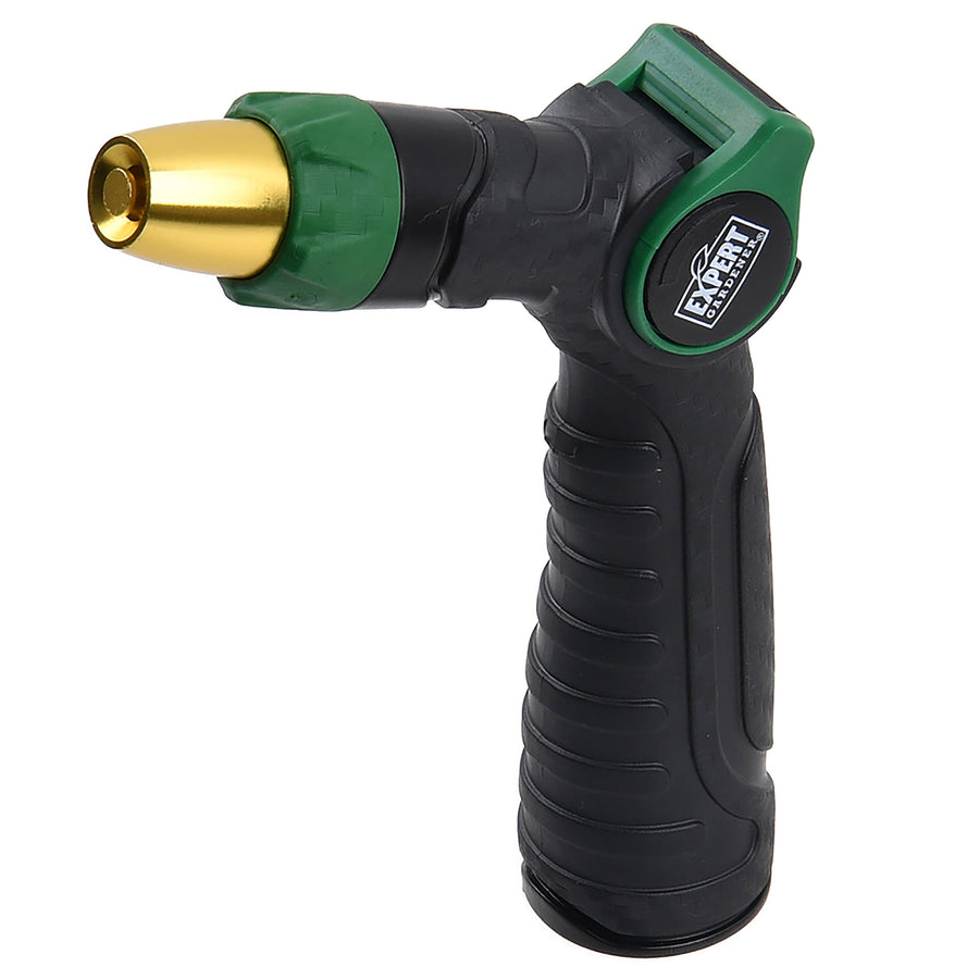 Black and green Expert Gardener adjustable watering nozzle with gold tip, angled on white background
