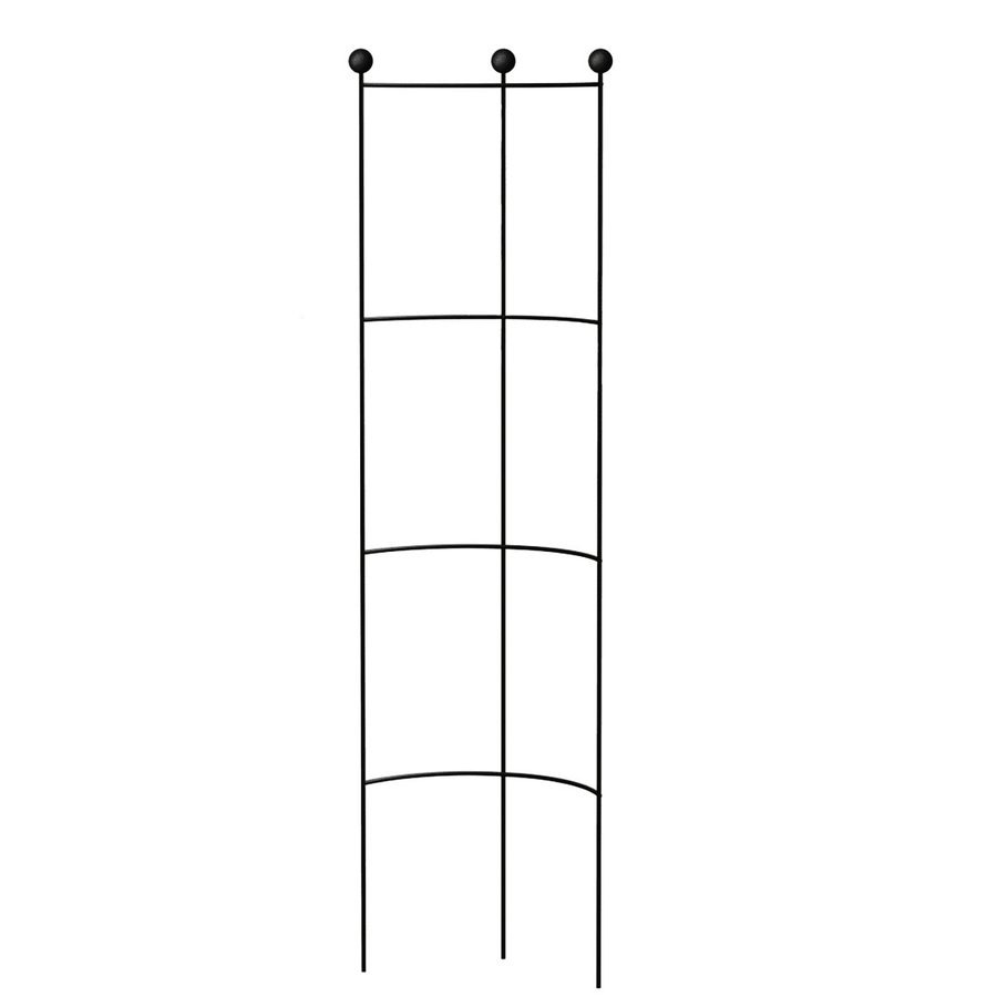 Black metal half-round ladder-style garden trellis with three vertical rods and curved horizontal supports on white background.