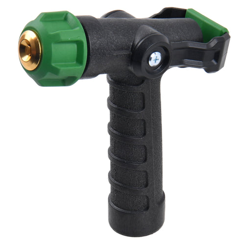 Close-up of a black plastic fireman-style garden hose nozzle with green tip and textured pistol grip
