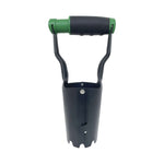 Black steel bulb planter with green cushioned T-handle isolated on white background