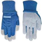Expert Gardener blue garden gloves shown side by side, knit cuffs and leather fingertips visible