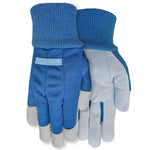 Pair of Expert Gardener blue leather gardening gloves with navy canvas back and knit cuffs, laid overlapping