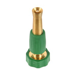 Top-down view of a brass twist watering nozzle with green grip and flared brass tip