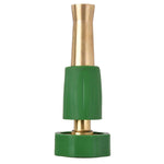 Vertical front view of a brass watering nozzle with green plastic mid grip on white background