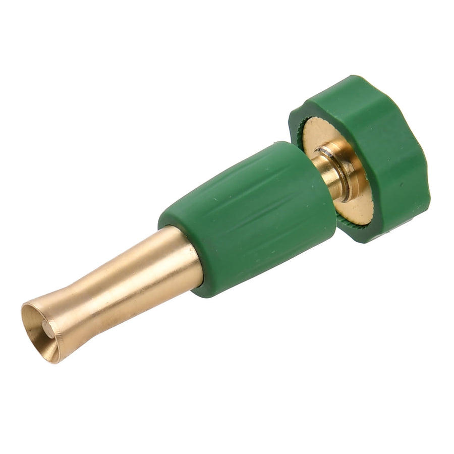 Brass gardening twist nozzle with green plastic grip and knurled connector, angled view