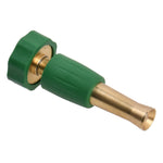 Close angled shot of a brass twist watering nozzle with green plastic sleeve and connector