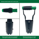 Composite layout showing top, side, and full views of a black steel bulb planter with green cushioned handle and depth markers