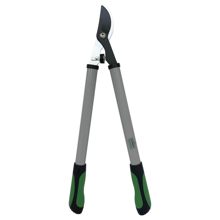 Expert Gardener bypass lopper with gray handles and green non-slip grips on white background
