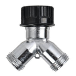 Centered front view of a chrome Y-shaped hose connector with a large black plastic threaded adaptor and two outlets.