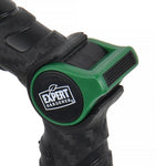 Close-up of Expert Gardener logo on green thumb-control lever of a black ergonomic watering nozzle
