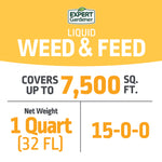 Graphic panel stating Expert Gardener Liquid Weed & Feed covers up to 7,500 sq. ft. and 1 quart size
