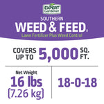 Coverage and weight panel showing Expert Gardener Southern Weed & Feed covers up to 5,000 sq ft and net weight 16 lbs.