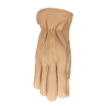 Single tan leather work glove showing back with elastic wrist and stitched fingers