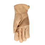 Tan leather work glove showing palm with suede reinforcement patch and thumb