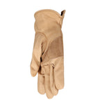 Tan cowhide glove displayed palm-up with suede patch and rolled cuff detail
