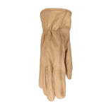 Tan cowhide leather glove viewed from the side showing stitched seam detail