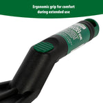 Close detail of the Expert Gardener cultivator handle showing textured green grip and product label with ergonomic claim.