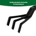 Close-up of the three black poly tines of an Expert Gardener cultivator with headline text about durable poly construction.