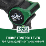 Detailed close-up of the Expert Gardener thumb control lever and logo with green branded graphic below