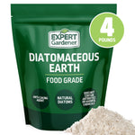 Green Expert Gardener resealable bag of diatomaceous earth food grade with a pile of white powder and a 4 pounds badge