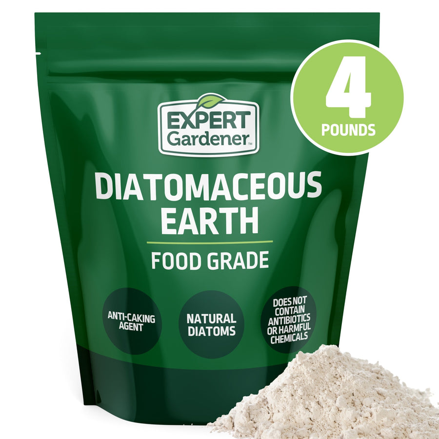 Green Expert Gardener resealable bag of diatomaceous earth food grade with a pile of white powder and a 4 pounds badge
