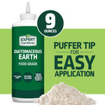 Green Expert Gardener squeeze bottle labeled “Diatomaceous Earth Food Grade” with pile of light powder and “9 ounces” badge