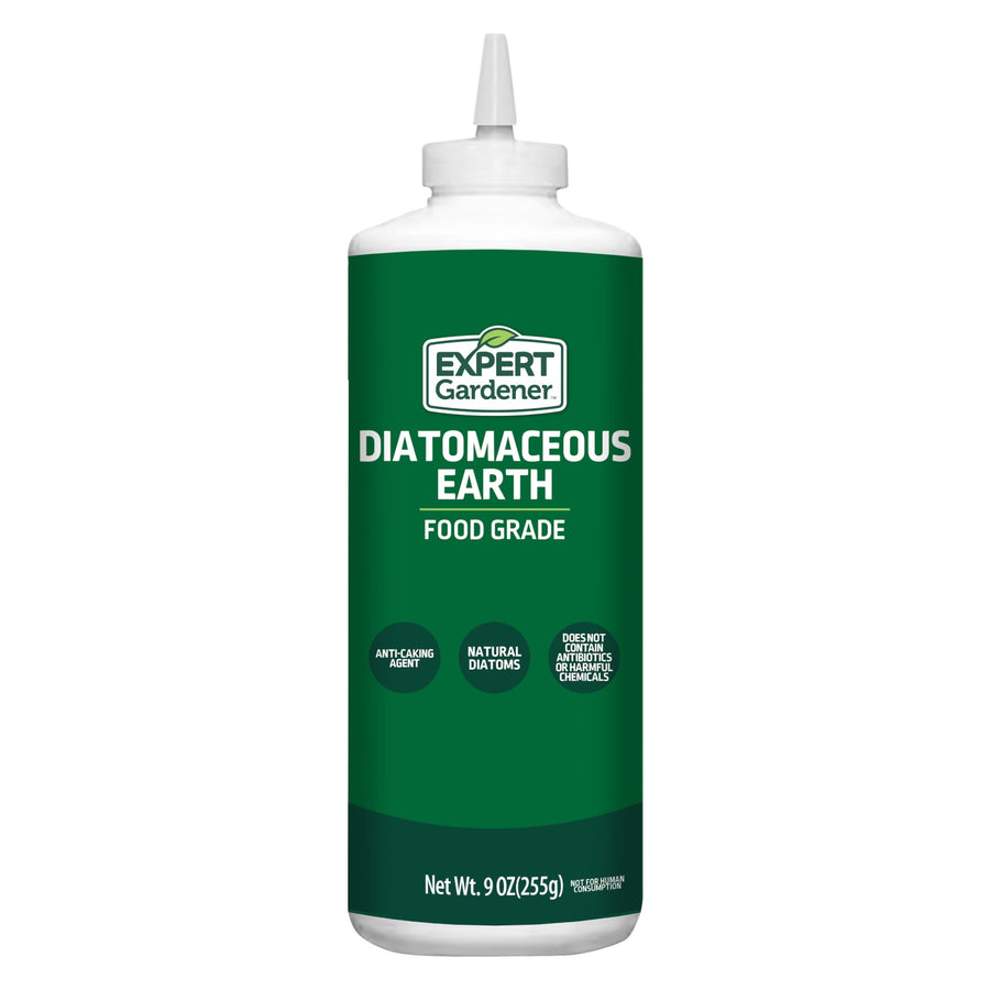 Isolated Expert Gardener diatomaceous earth squeeze bottle labeled “Food Grade” showing brand and key benefit icons