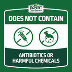 Green label graphic stating “Does Not Contain Antibiotics or Harmful Chemicals” with simple syringe and flask icons
