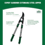 Graphic product board showing Expert Gardener extendable steel lopper with callouts describing features