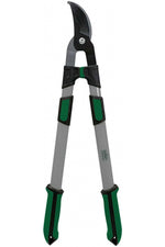 Tall extendable pruning lopper with green-and-black handles and curved bypass blade on white background