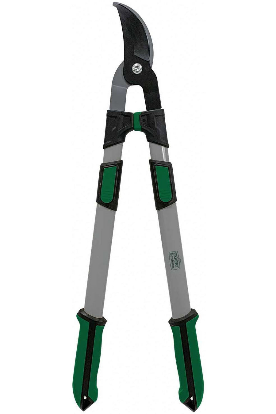 Tall extendable pruning lopper with green-and-black handles and curved bypass blade on white background