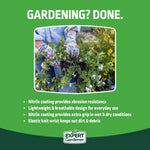 Green panel graphic with photo of hands wearing Expert Gardener floral gloves and bullet points describing coating, breathability and grip