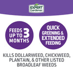 Feature icons panel with Expert Gardener logo highlighting feeds up to 3 months and quick greening & extended feeding.