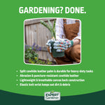 Green panel with Expert Gardener logo, image of gloved hands holding a plant, and bullet points about glove features