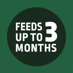 Circular dark badge on green background reading ‘Feeds up to 3 months’ in bold white type