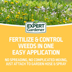 Expert Gardener logo over photo of a weedy lawn and text describing fertilize and control weeds in one application