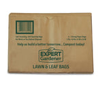 Stacked flattened Expert Gardener lawn & leaf bags with printed logo, barcode and green text on brown paper.