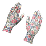 Pair of Expert Gardener floral-pattern nitrile-coated gardening gloves laid flat showing printed logo on back
