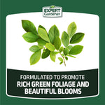 Expert Gardener graphic showing a branch with green leaves and text about promoting rich green foliage and beautiful blooms