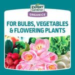 Label reading 'For bulbs, vegetables & flowering plants' above a photo of tulips, radishes and lettuce