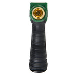 Front-facing view down the barrel of a black and green Expert Gardener hose nozzle showing gold spray opening