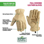 Feature infographic of Expert Gardener tan cowhide leather gloves with labeled callouts for reinforced palm, elastic wrist and water-resistant leather.